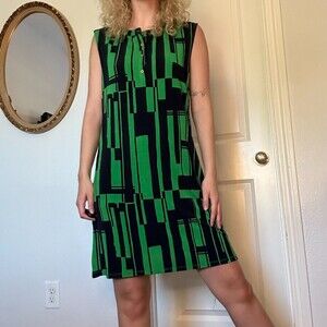 NWOT-Women's Cremieux Green & Black Print Sleeveless Sheath Dress Size Med